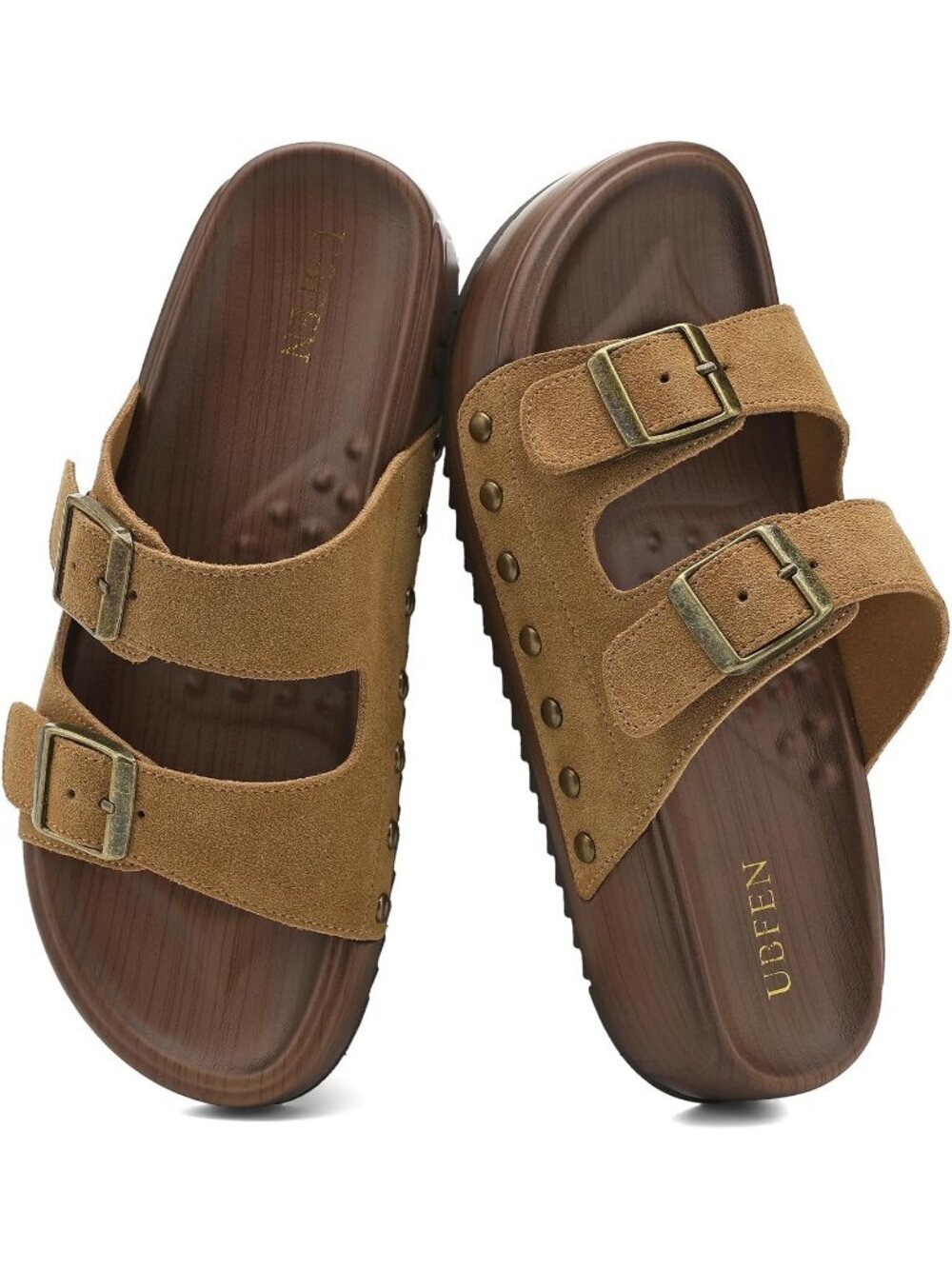 Women's Slides Platform B Caramel Genuine Leather Arch Support Buckle Sandals - Picture 3 of 6